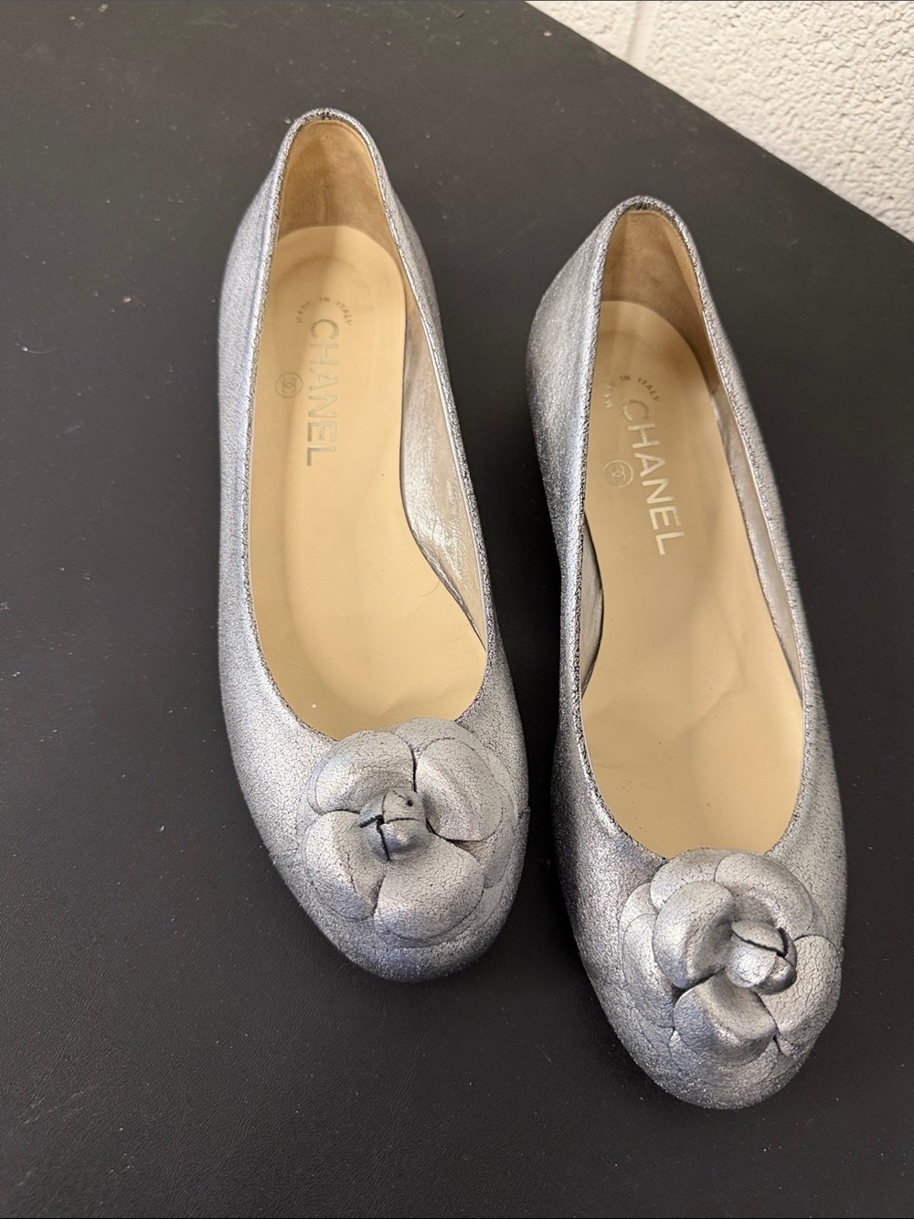 CHANEL Metallic Silver Camellia Ballet Flats